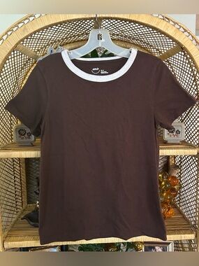 aerie Brown Ringer Short-Sleeve Tee with Cream Collar